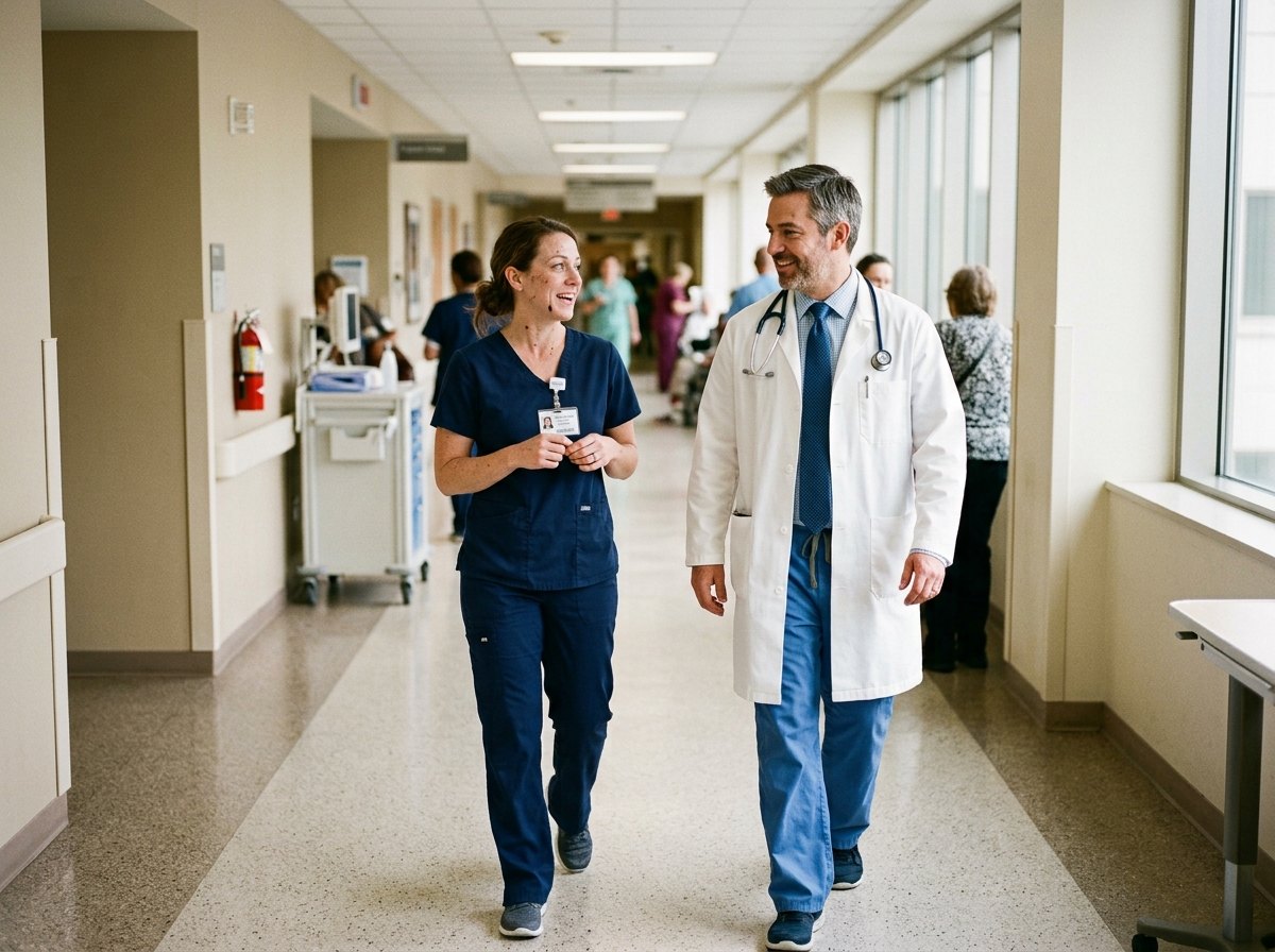 Nurse and doctor in a hospital corridor